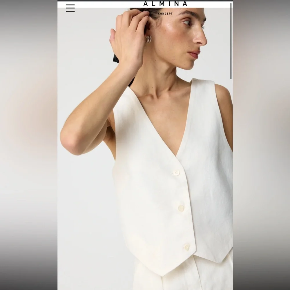 Almina Concept white linen blazer vest size small Buttondown sleeveless v-neck - Picture 4 of 10